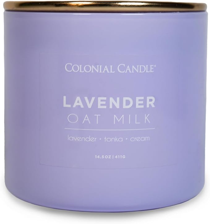 Colonial Candle Lavender Oat Milk Scented Jar Candle, Pop of Color Collection, 3 Wick, 14.5 oz - Up to 60 Hours Burn