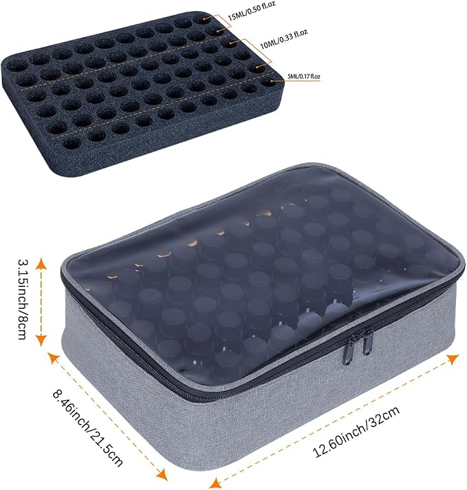 Essential Oils Carrying Case Holds 60 Bottles with Detachable Pad,Gray
