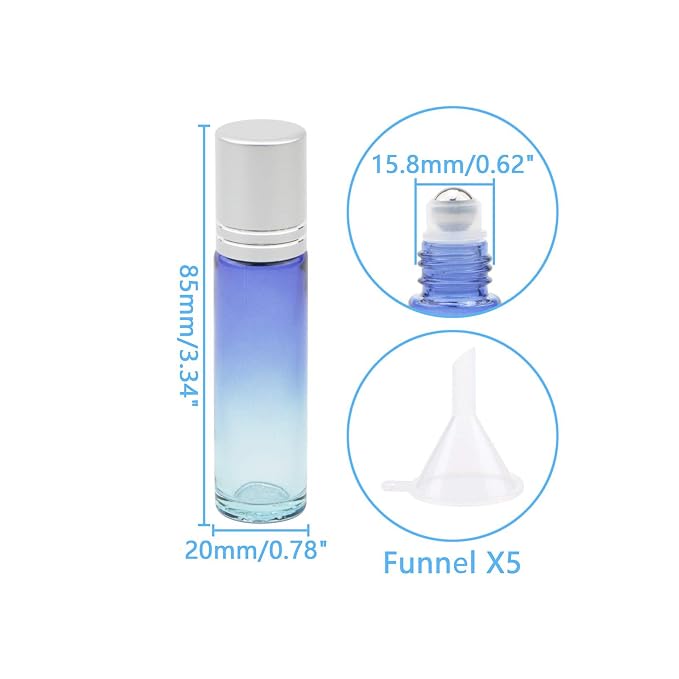 10Pcs Glass Rolling Bottles Set, 10ml (1/3oz) Blue Gradient Roller jars with Funnels, Glass Roll on Vials for Essential Oil Aromatherapy Perfume Liquid Massage