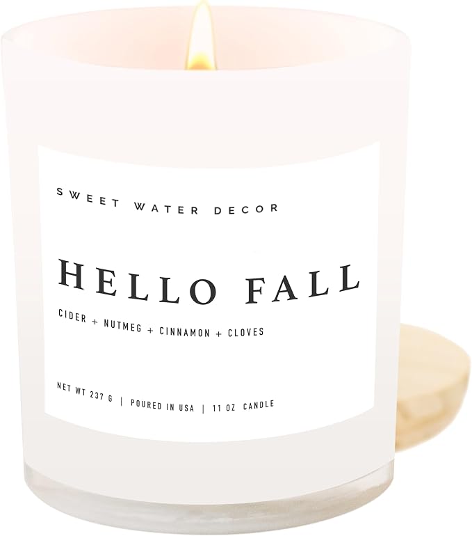 Sweet Water Decor Hello Fall Candle - Cinnamon Apples Cloves & Nutmeg Fall Scented Candle for Home Decor - 100% Cotton Wick Soy Wax Candles with 50 Hour Burn Time - Made in the USA - 11oz White Jar