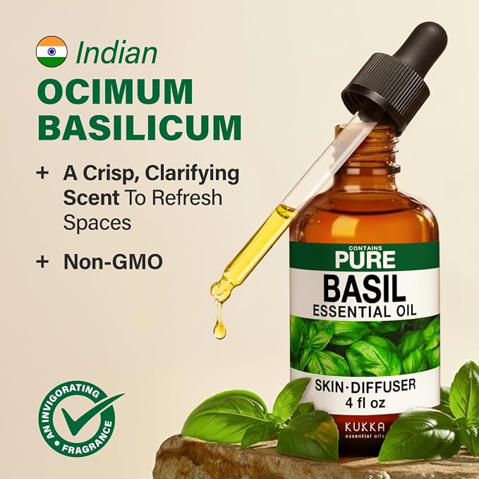100% Pure Basil Oil - 4 Fl Oz Basil Essential Oil for Hair, Skin, Diffuser, Aromatherapy & DIY Soap Making Scent
