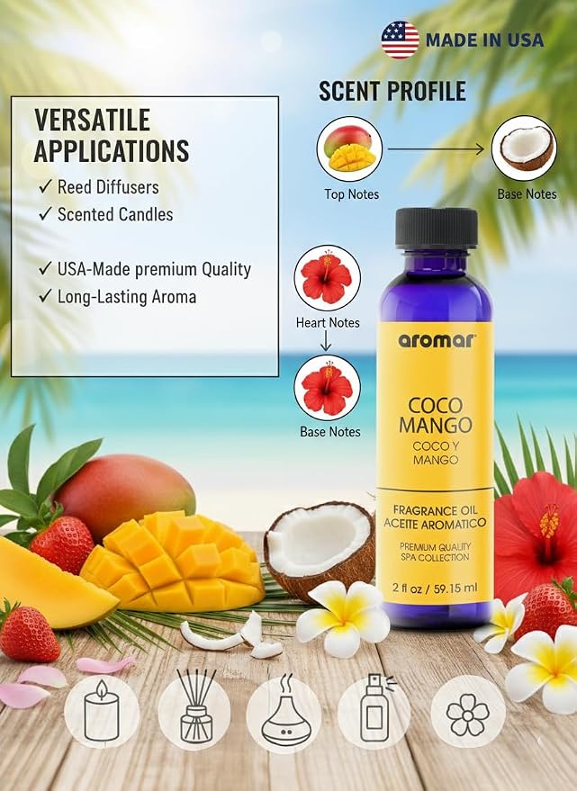 AROMAR Premium Fragrance Oil, Pack of 3 Coco Mango 2oz. Bottles. Long Lasting Aromatic Scent, Fresh and Revitalizing Aromatherapy for Living Room, Bedroom, and Kitchen