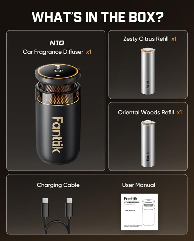 Fanttik N10 Smart Car Air Freshener, Waterless Essential Oil Diffuser with 3 Adjustable Levels and Ambient Light, Auto On/Off, 2550mAh USB-C Battery, Citrus/Woody Scents, Easy Swap Design