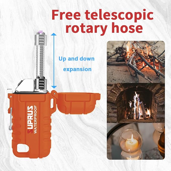 SUPRUS Waterproof Lighter Windproof Lighter Arc Plasma Lighters USB-C Rechargeable with Expandable and Flexible Neck for Outdoor, Camping & Kitchen (Orange, 2Packs)
