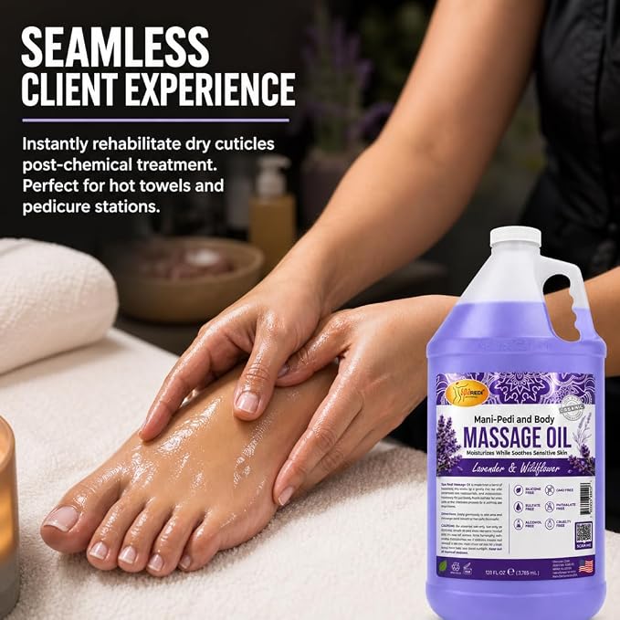 SPA REDI - Massage Oil, Lavender Wildflower, 128 Oz Professional Pedicure, Manicure, Full Body Massage Therapy With Almond Oil, Cotton Seed Oil, Sunflower Oil, Avocado Oil, Essential Oils Pkg May Vary
