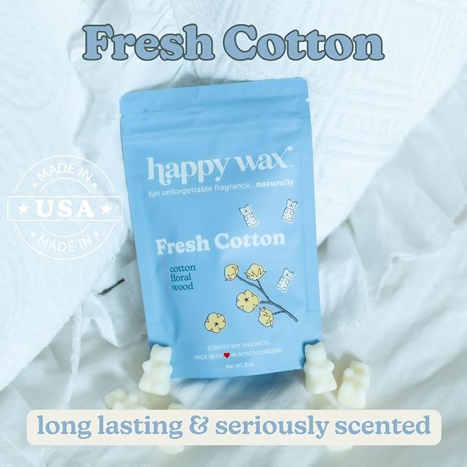 Happy Wax Fresh Cotton Scented Bear Wax Melts - Natural Strong Scented Fresh Infused w/Essential Oils - Non Toxic & Pet Safe - (8 oz Pouch)
