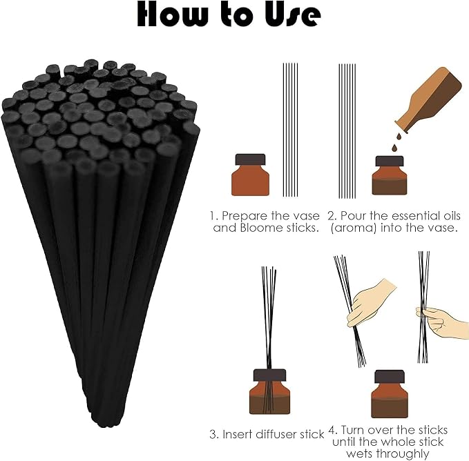 Resafy Reed Diffuser Sticks, Jecnovo Pack of 100 Fiber Sticks with Handmade Linen Bag, Safe and Non-Toxic, 9 Inches Long 3mm Diameter Aromatherapy Diffusers for Home, Spa and Office(Black)