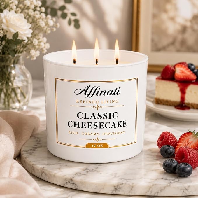 Affinati Classic Cheesecake 3-Wick Candle – Large Soy Blend Candle, Strong Scent Throw Sweet Rich Dessert Gourmand Bakery Candle, Premium Home Fragrance Gift