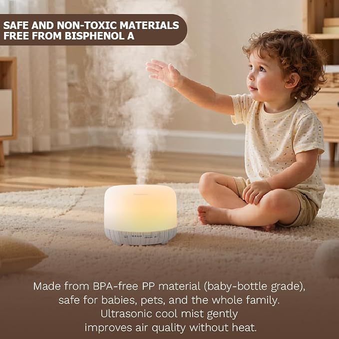 500ml Premium Essential Oil Diffuser,Quiet 4-in-1 Ultrasonic Aromatherapy Humidifier,7 Color LED Lights,with Adjustable Automatic Timer Off Function and Spray Mode. (White Woodgrain,Mini Model)