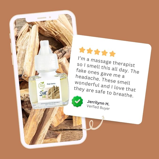 Scent Fill 100% Natural Palo Santo Plug in Air Freshener, Scented Oil Refills, 2 Refills + Diffuser
