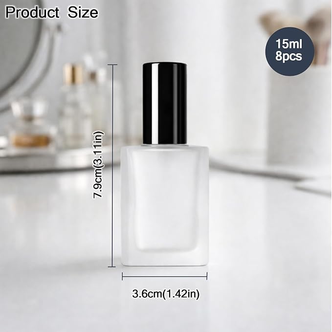 8Packs 15ml/0.5OZ Frosted Glass Perfume Spray Bottles Flat Square Refillable Fine Mist Atomizer with Black Cap Empty Travel Perfume Bottles for Essential Oils, Cologne, DIY Fragrance