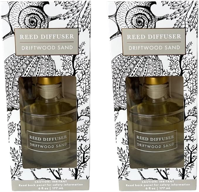 Bellevue Reed Diffuser, 6 fl oz Glass Filled Diffuser, Highly Concentrated Fragrances with Essential Oils, Home Fragrance, Scent:Driftwood Sand (Pack of 2)