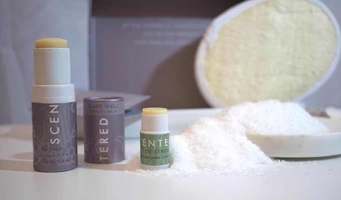 Scentered Prepare for a Great Night's Sleep Bath Set - Bath Salts, Aromatherapy Balms, Body Loofah, Hair Tie & Shower Cap - Relaxing Bath Set for Restful Sleep