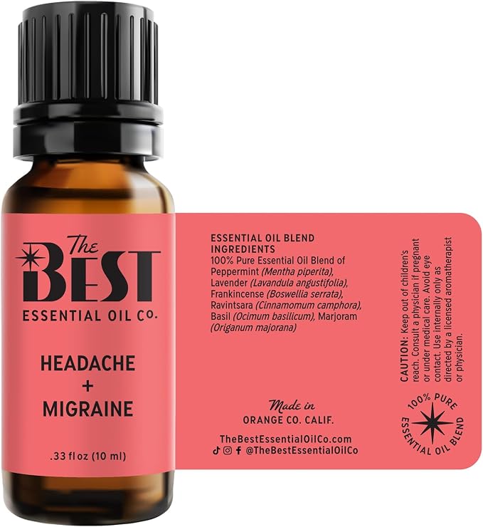 The Best Headache + Migraine Essential Oil Blend- Premium Grade- 100% Pure & Natural for Aromatherapy, Diffuser, Spa, Massage, Air Freshener- 10 ml (.33 fl oz)