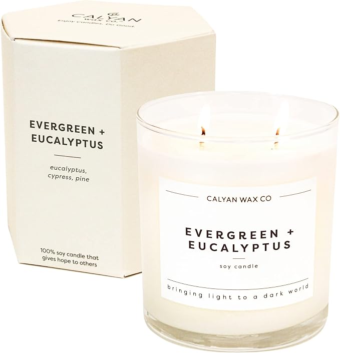 Calyan Wax Co. Evergreen & Eucalyptus 2 Wick Scented Candle - 37 Hour Burn - Luxury Clean Soy Wax Candles - Long Lasting Large Glass Jar Candle for Home - 8.8oz