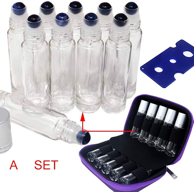 fengshuisale 10pcs Clear 10ml Empty Refillable Glass Bottles with Crystal Semiprecious Stones Essential Oil Gemstone Roller Ball Bottles with Silver Lid with Free Bag W3900 (Sodalite)