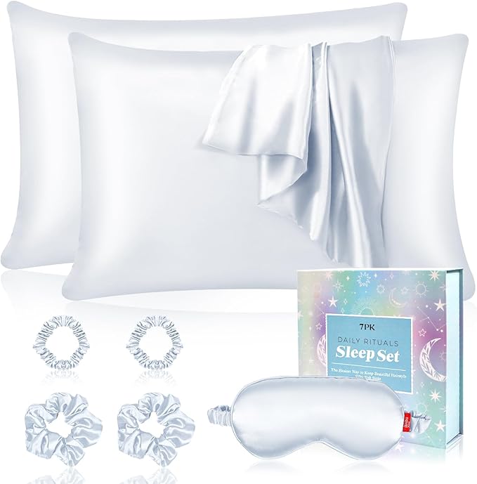 my novel things Satin Pillowcase Gift Set with Silk Satin Sleep Mask 4 Scrunchies, 2Pack Standard Size Pillow Cases Set Luxury Sleeping Gift 7 Pack Set Suitable for Women Birthday Gift