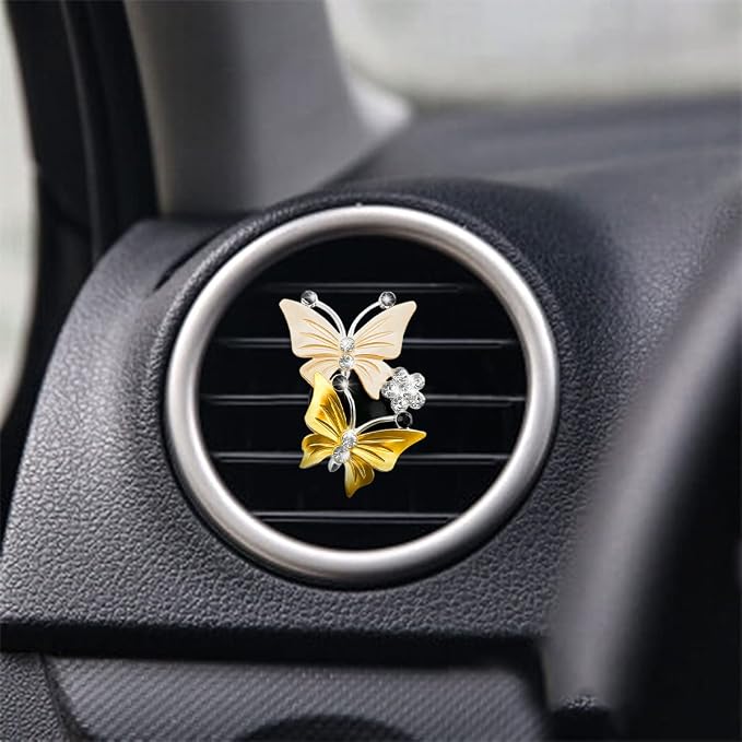 1PC Car Air Fresheners Vent Clips, Cute Dual Butterfly Diamond Rhinestone Car Vent Clip, Air Outlet Perfume Diffuser, Sparkly Bling Car Interior Decoration Accessories for Girls Women Yellow
