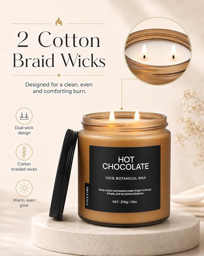 Hot Chocolate Home Scented Candles, 13oz Organic Soy Wax, 76-Hour Clean Burning, Natural Candles Non Toxic, Rich & Cocoa Gourmand Scent for Relaxation, Aromatherapy Housewarming Candle for Men Women