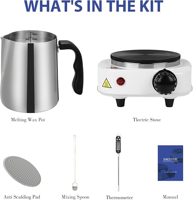 SAEUYVB Candle Making Kit,Candle Making Supplies,Candle Making Kit with Hot Plate,Candle Making Supplies for Beginners with Pouring Pot ，Thermometer and More（White）