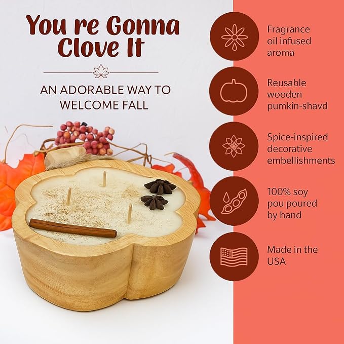 Dough Bowl Candle Co. Pumpkin Candle - 8" x 6" x 1.75" Pumpkin Spice Wooden Fall Candles with 35 Hour Burn Time, 3 Wick Fall Scented with 100% Soy Wax, Holiday Decorations, Autumn Room Decor