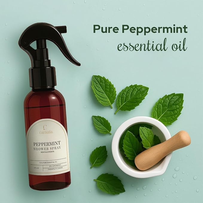 Carnatia Peppermint Shower Spray – Aromatherapy Essential Oil Mist for Showers | Spa-Like Refreshing Steam Experience | 4 fl oz Trigger Pump Spray for Focus & Energy