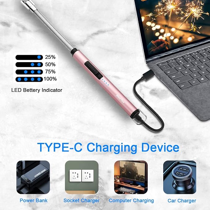 MeeToo Lighter, Electric Candle Rechargeable USB Lighter Plasma Arc for Candle Birthday Camping Rose Gold