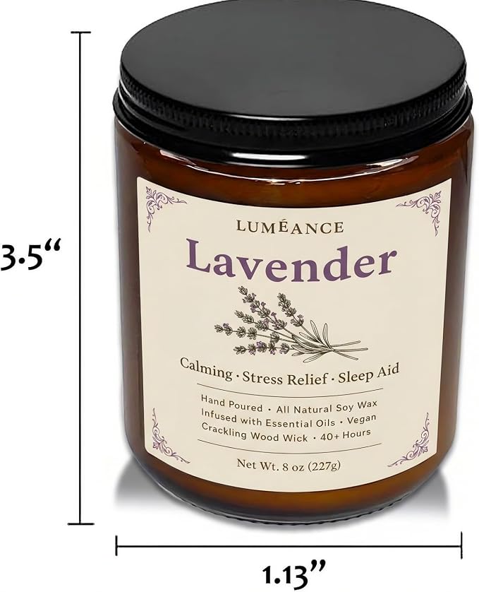 Lavender Candles for Calming & Stress Relief, Hand Poured in Small Batches, 8oz Crackling Wood Wick Candle, 40+ Hours, 100% Soy Wax with Essential Oils, Sleep Aid Gift