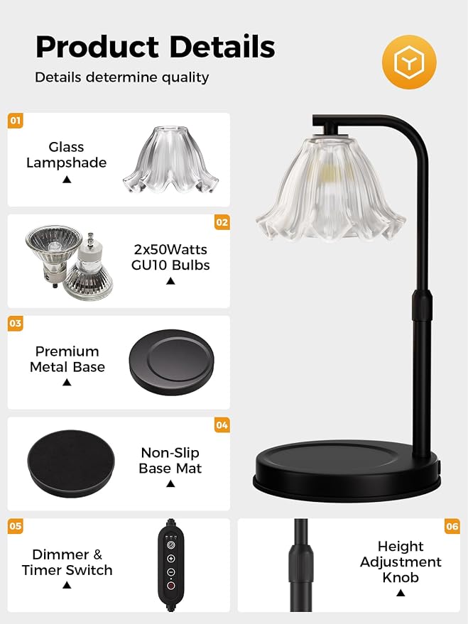 Flower Candle Warmer Lamp with Timer - Black Adjustable Height Wax Melt Warmer for Jar Candles, Vintage Candle Lamp for Home Fragrance, Housewarming Gifts & Birthday Gifts for Women