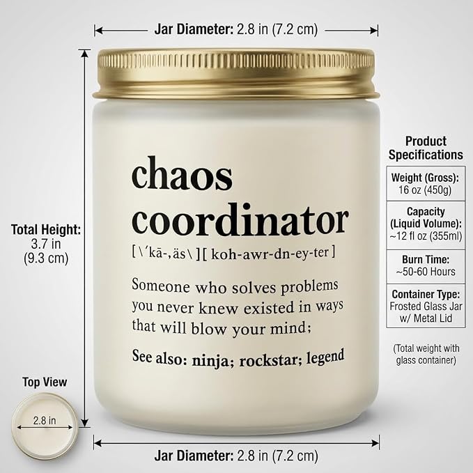 Chaos Coordinator Gifts for Women, Boss, Coworker - Funny Scented Candle Gift - Sage & Sea Salt Soy Wax Candle in Frosted Jar (8 oz) - Office Desk Decor & Appreciation Gift