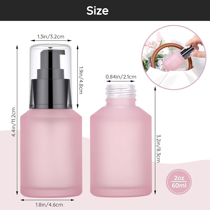 Segbeauty 2oz Frosted Glass Refillable Pump Bottles for Toiletries, 3pcs Travel Size Empty Bottles with Pumps for Foundation, 60ml Pink Travel Containers for Oils Bottle Dispenser Liquid Containers