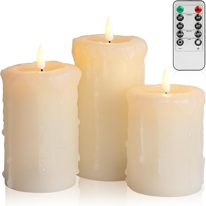 ANGELLOONG Flameless Candles with Remote, 3 Pack Battery Operated LED Candles, Flickering Fake Drip Pillar Candle Set for Home Decor, Mantel, Christmas Decor