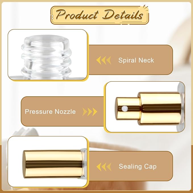 6 Pcs 50ml/1.7oz Glass Spray Bottle Clear Empty Perfume Atomizer Refillable Spray Container with Fine Mist Sprayer Pump for Fragrance Essential Oil Travel - Golden Lid
