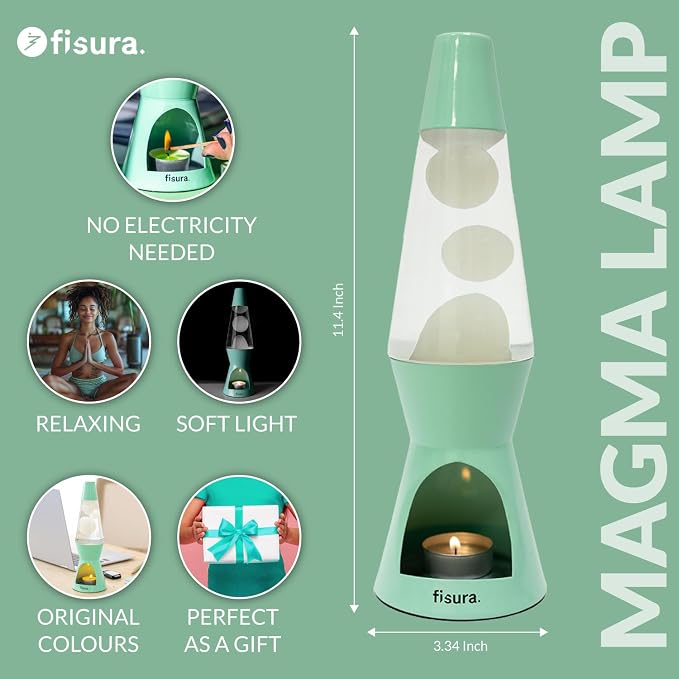 Fisura - Magma Lamp with Candle. Electricity-Free. Colorfull Design. Eco-Friendly Motion Lamp. Original Gift. Measurements: 11.42 inches x 3.35 inches (Candle not Included). (Candle, Mint)