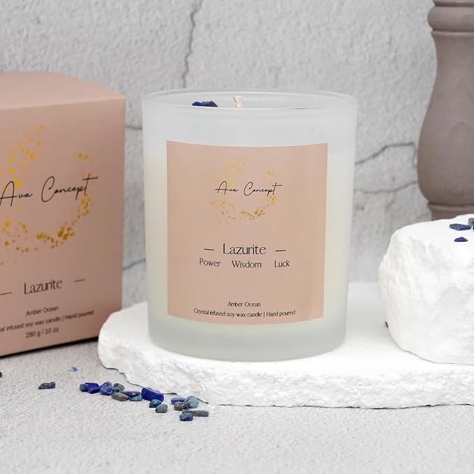 Lazurite Crystal Candle – 10oz / 280g | Amber Ocean Aromatherapy | Hand-Poured Soy Wax | Genuine Lapis Lazuli Healing Crystals Embedded | Power, Wisdom & Luck | Gift Box Included
