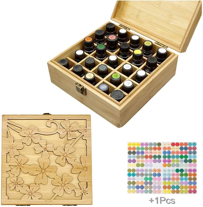 Pure Vie Bamboo Essential Oil Storage Box Travel Organizer Case with Bottle Cap Label - Aromatherapy Nail Polish Fragrance Container, Holds 25 Bottle for 5-15ml - Keep Scented Oil Safe & Space Saver