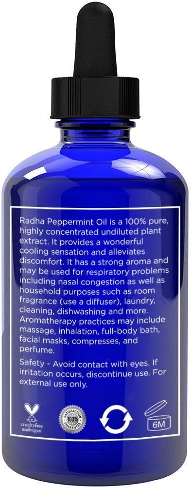 Radha Beauty Peppermint Essential Oil 4 oz - 100% Pure & Therapeutic Grade, Steam Distilled for Aromatherapy, Fresh Minty Scent, Focus, DIY Projects, Candles, Sprays and Fragrance