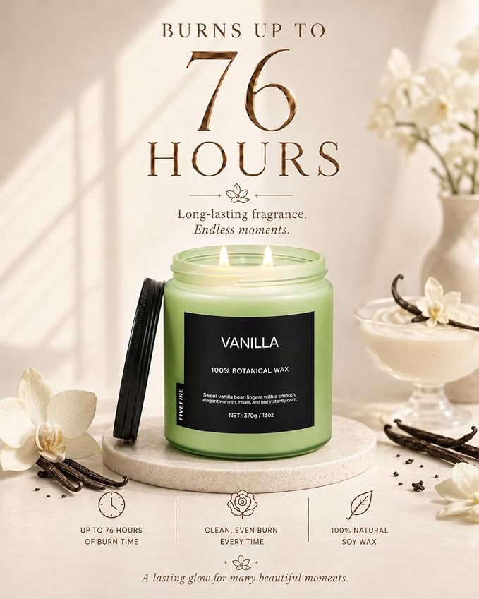 Vanilla Scented Candle, 13oz Soy Wax Candle, 70–80 Hour Burn Time, Warm & Sweet Home Fragrance, Cozy Candle for Relaxation, Gift for Women Men, Bedroom & Self Care Use