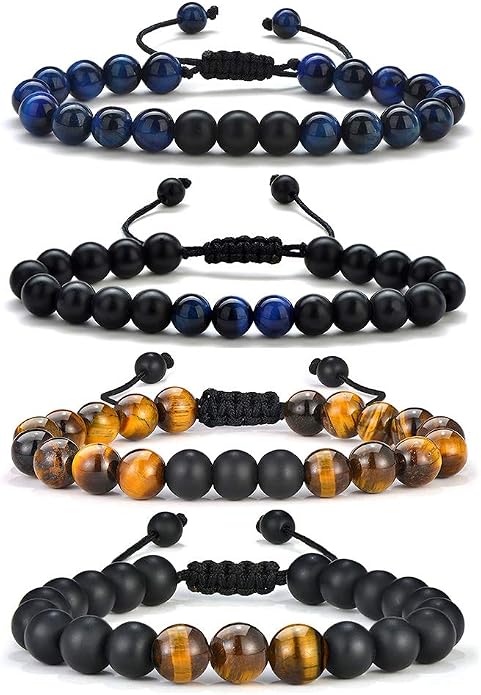 M MOOHAM Mens Bracelet - Beaded Natural Stone 8mm Tiger Eye Matte Agate Lava Rock Bracelets for Men Teen Boys Grandpa Dad Birthday Gifts Jewelry