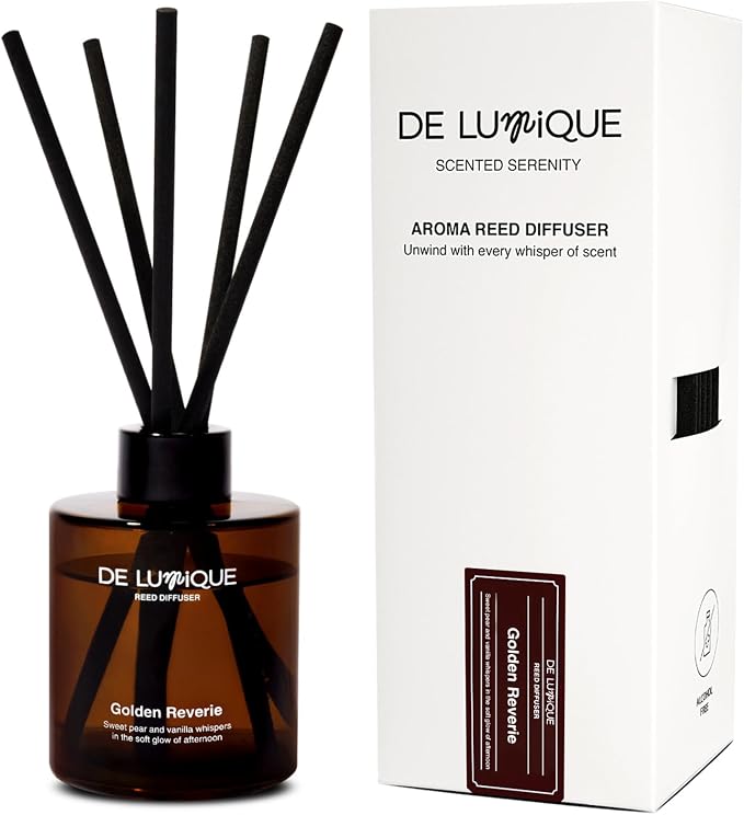 Golden Reverie Scent Aroma Diffuser for Home – Reed Diffuser with Essential Oils – Long Lasting Room Scent Diffuser, Vanilla Pear Scent – 150ml