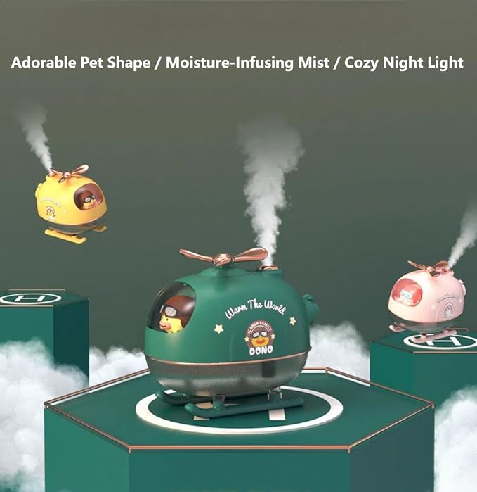 Cute Duck Pilot Desktop Mini Humidifier with LED Night Light, 300ml Essential Oil Diffuser with Rotatable Propeller, Portable Cool Mist Humidifier for Bedroom, Office, Car, Travel (Pink)