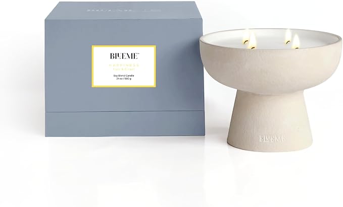 Blueme Happiness Candle | Yuzu & Ginger | 4 Wick - Refillable Wellness Candle with Essential Oils, Hand Finished & Poured Soy Wax Blend Ceramic Vessel, Natural Cotton Wicks | Large 24 oz