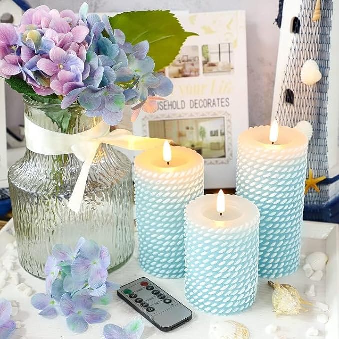 Blue Flameless Candles, Rope Texture 3D Wick, Flickering Pillar Candles with Remote & Timer, 3 Pack