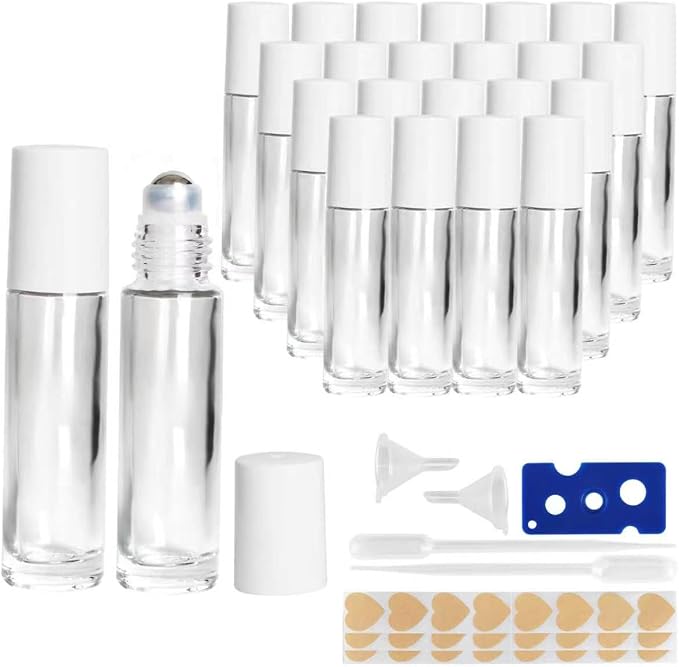 24-Pack 10ml Clear Glass Roll-On Bottles with Stainless Steel Rollers, Refillable Roll-On Applicators for Essential Oils, Castor Oil, Aromatherapy, and Empty Deodorant Containers