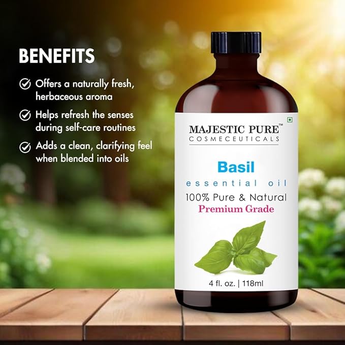 Majestic Pure Essential Oil with Glass Dropper - 100% Pure and Natural - Essential Oils for Diffuser, Aromatherapy, Soap and Candle Making, Basil Essential Oil, Basil Oil, 4 Fl Oz