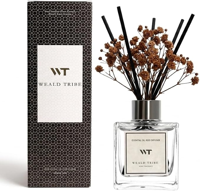 WEALD TRIBE Reed Diffuser Set for Bathroom Air Fresheners with Real Flower, Oil Diffuser Stick | Vanilla Whiskey Scent 5.1 fl oz Home Fragrance with Sticks Defusers | House Bedroom Office Shelf Decor