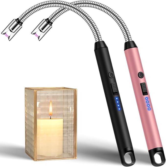 Upgraded 2 Pack Electric Candle Lighter with 360° Flexible Neck & Safety Lock, Windproof USB Rechargeable Flameless Arc Long Lighters for Grill, BBQ, Camping, Fireplace, Stove (Black & Rose Gold)