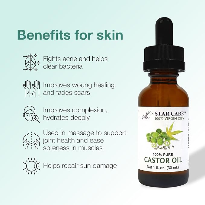 100% Pure Castor Oil Expeller-Pressed Virgin Oil for Hair Growth, Eyelashes, Eyebrows and Skin Moisturizer Premium Dropper Included, 1 fl oz (30ml)