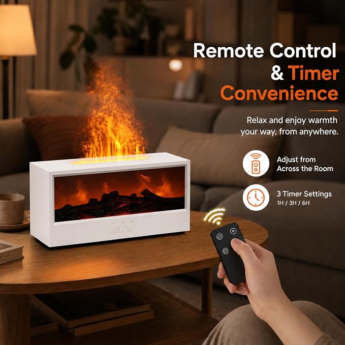 Aegci Fireplace Air Diffuser, Essential Oil Diffuser with 7-Color Flame Light, Ultrasonic Aroma Diffuser & Air Humidifier for Bedroom, Flame Diffuser with Remote Control Timer for Home Office Yoga
