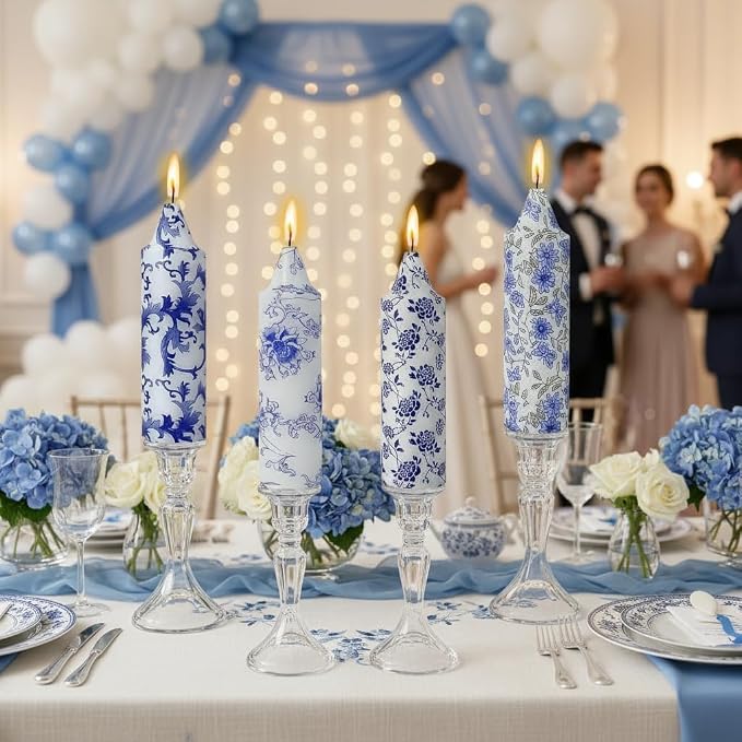 5 Inch Blue and White Short Taper Candles Hand Poured Smokeless Unscented Porcelain Style Chinoiserie Floral Candles for Wedding Nautical Dinner Home Decor Housewarming Gift Mother's Day Meditation